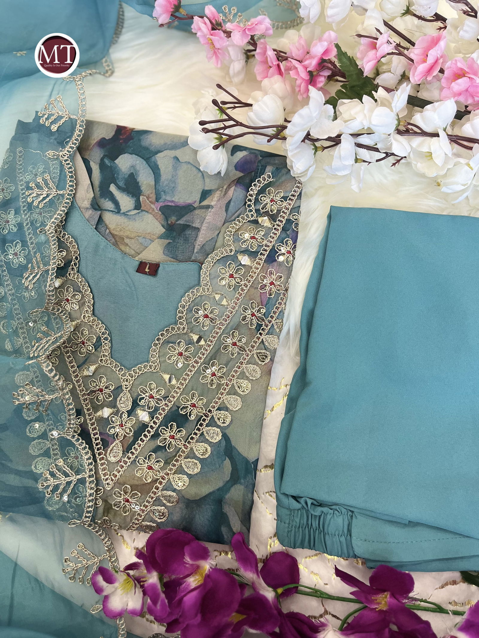 MT Heavy Organza Embroidery Kurti With Bottom Dupatta Wholesale Shop In Surat
